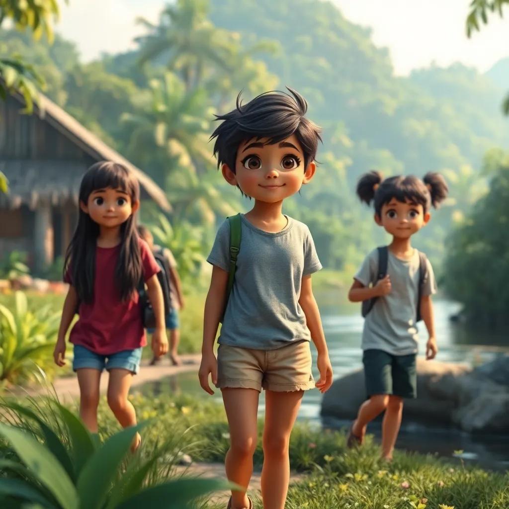 Em uma pequena aldeia da Amazônia, quatro amigos, Ana, uma menina brasileira de 11 anos com cabelo escuro e despenteado, vestindo uma camiseta e shorts, exploram a natureza ao redor do rio, digital art, vibrante, alegre, alta qualidade