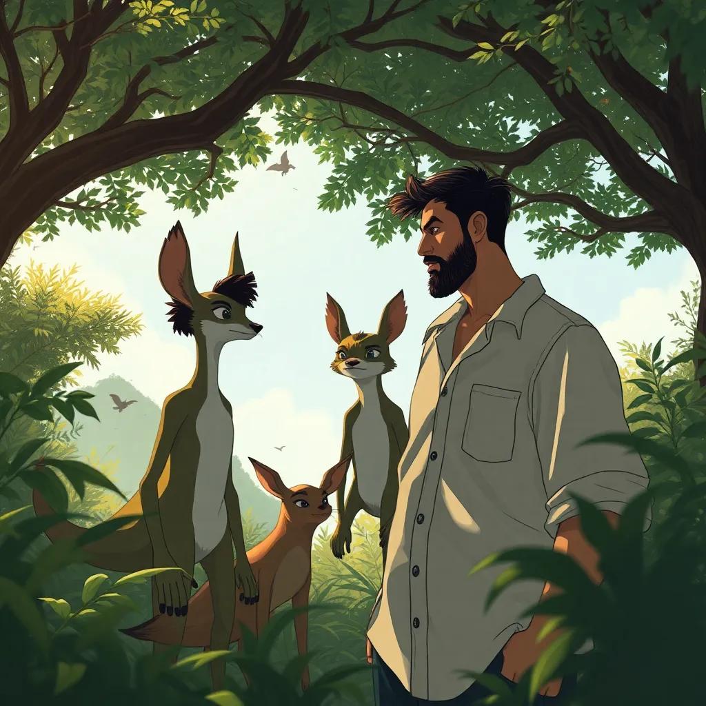 Os amigos, agora animais, ouvem conversas preocupantes sobre madeireiros ilegais em uma clareira da floresta, um homem alto, de camisa xadrez, com ferramentas, e árvores ao fundo, atmosfera tensa, ilustração, detalhada, sombria