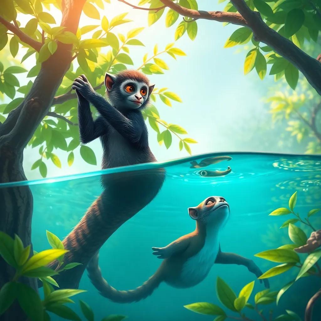 Pedro, como macaco-prego, explora a copa das árvores cheias de folhas verdes, enquanto Rafael, um jacaré forte e imponente, observa submerso no rio, em uma cena vibrante e cheia de vida na floresta, arte digital, realista, colorido