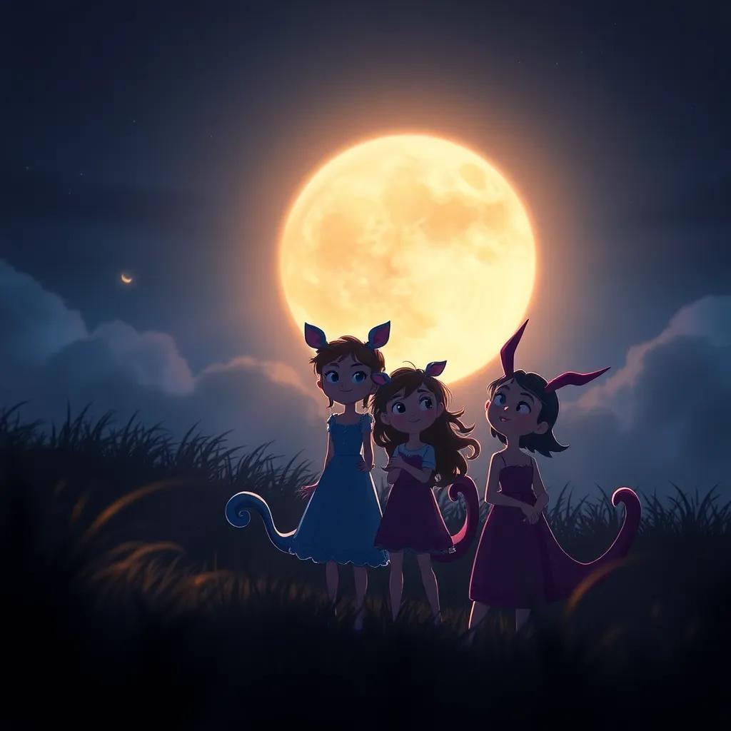 Na noite em que os amigos decidiram assustar os madeireiros, eles tomam forma de animais, com Ana e Luiza fazendo barulhos assustadores, em meio a sombras e luzes da lua, cena emocionante, ilustração dramática