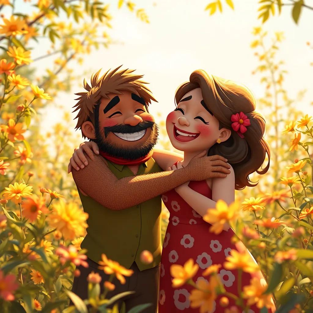 Após a fuga dos madeireiros, os amigos se reúnem, sorrindo e se abraçando, em um claro da floresta rodeados pela beleza natural que ajudaram a proteger, atmosfera celebrativa, arte digital, calorosa, reconfortante