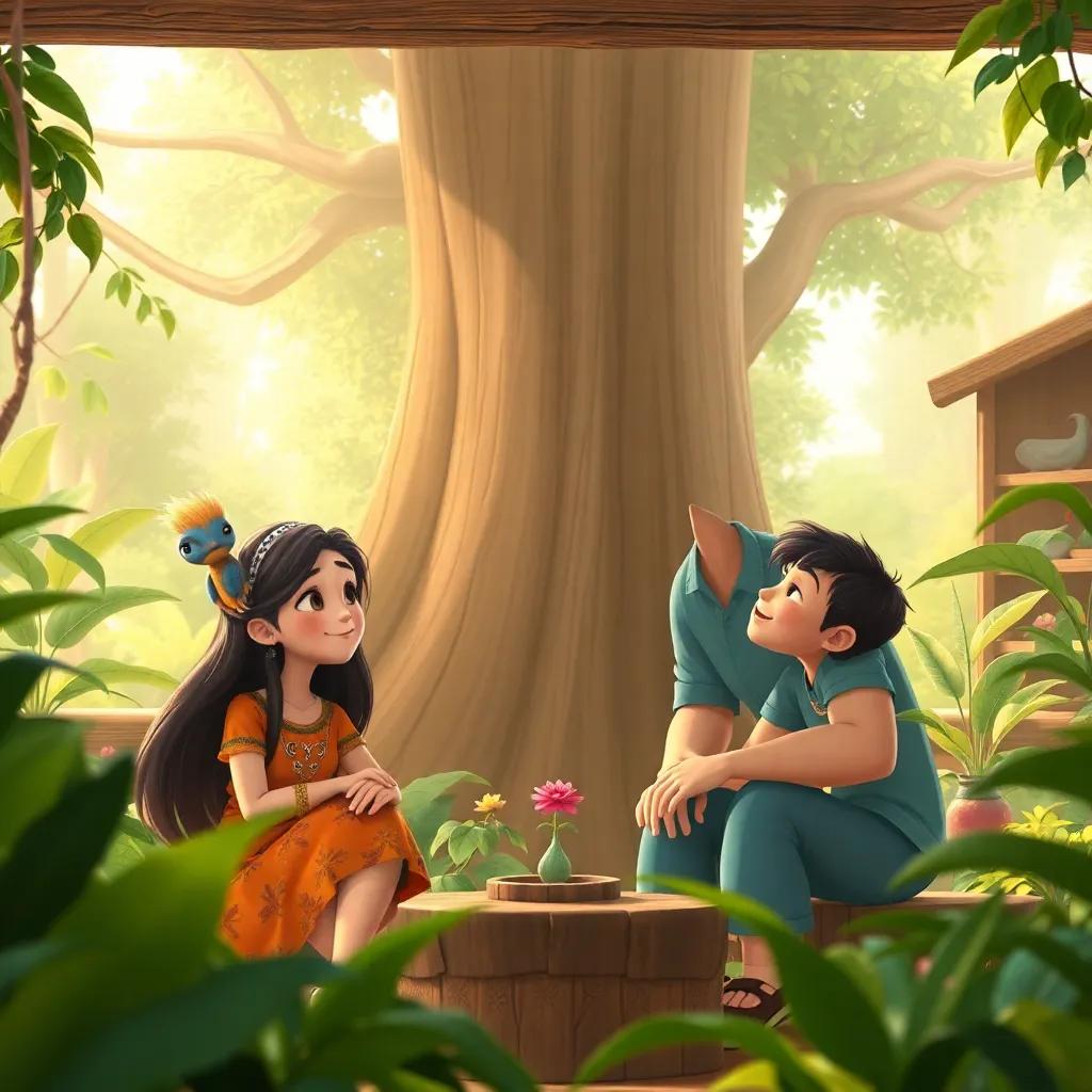 Ana, Pedro, Luiza e Rafael, agora humanos, em um centro comunitário, conversando animadamente com a aldeia sobre a importância da conservação da floresta, atmosfera amigável, ilustração, envolvente, detalhada