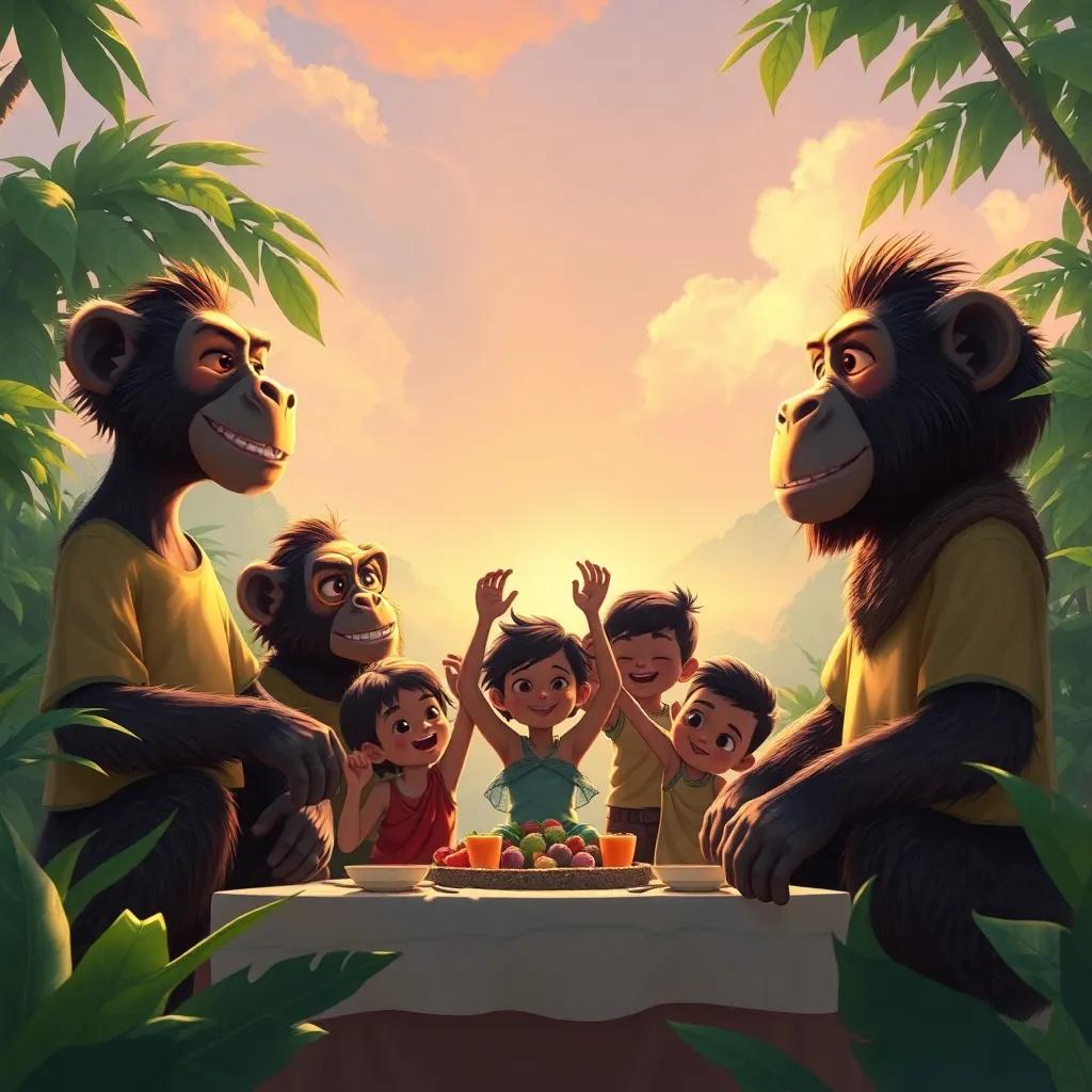 Os amigos em seu novo papel de protetores da Amazônia, em uma cena de celebração, com crianças da aldeia se juntando a eles, todos demonstrando unidade e comprometimento com a conservação, digital painting, alegre, emotiva