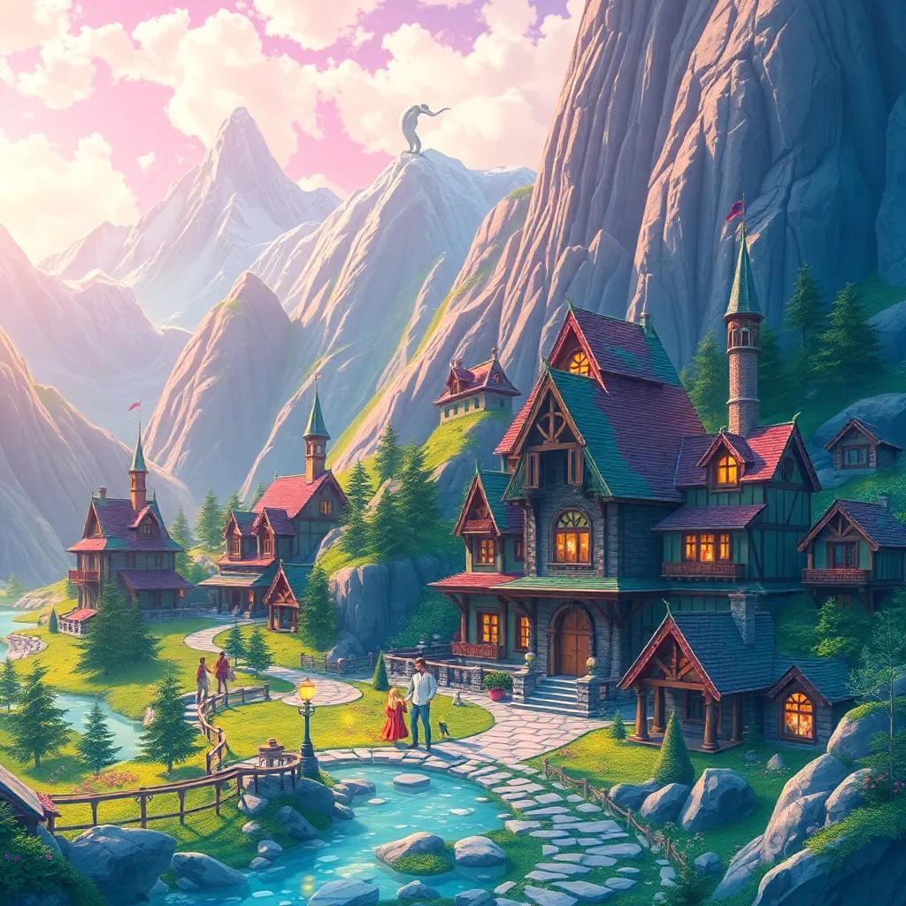 A magical scene in a mountain-surrounded village, Pimpolheite, with a beautiful school of wizards and colorful houses, digital art, bright colors, cheerful atmosphere, high quality