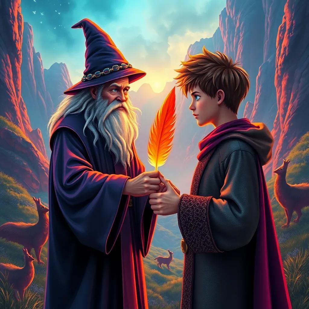 A wise old wizard standing in a mystical valley, handing a phoenix feather wand to Jack, a young wizard with short brown hair, wearing a robe and a determined expression, surrounded by magical creatures, vibrant colors, warm light, storytelling view, fantasy