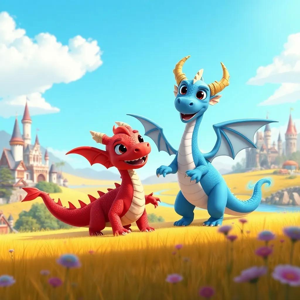 In a magical world, nine colorful kingdoms with charming castles and flowing rivers. Ignar, a fierce red dragon, in a sunny field with Eir, a majestic blue dragon, both smiling and flying together, surrounded by friendly creatures, joyful atmosphere, bright colors, cartoonish style, cheerful scene, digital art
