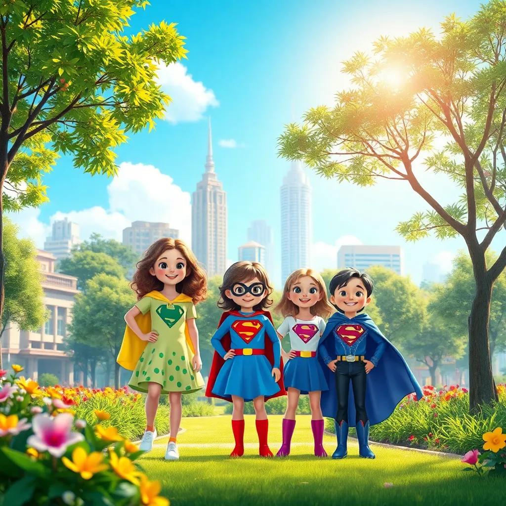 Um dia ensolarado em uma cidade vibrante, crianças vestindo fantasias coloridas de super-heróis, sorrisos brilhantes, parque repleto de flores e árvores verdes, digital art, alegre, cores vivas, atmosfera divertida, alta qualidade