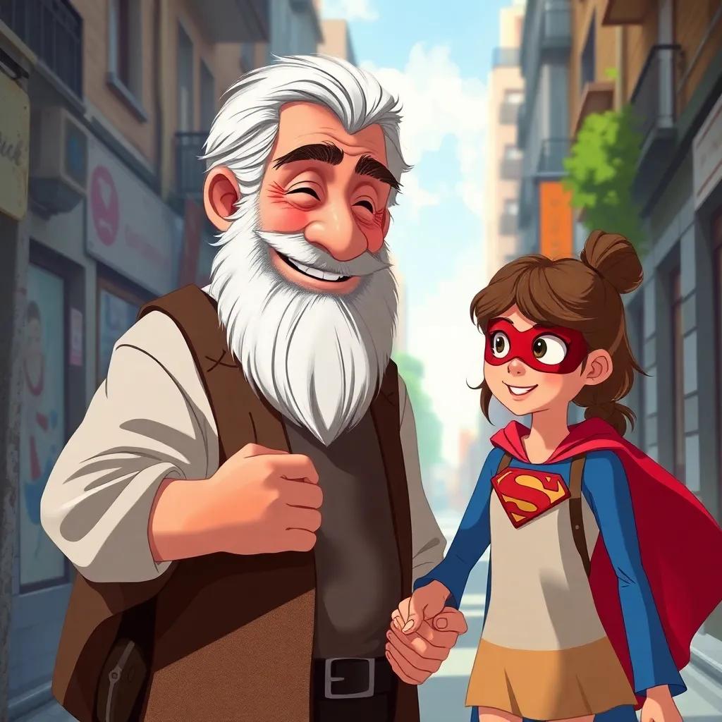 Um senhor idoso, com cabelo grisalho e sorriso gentil, segurando a mão de uma menina com capa de super-heroína, atravessando a rua, cenário urbano seguro, digital painting, calorosa, presença de crianças ao redor, momentos bondosos, alta definição