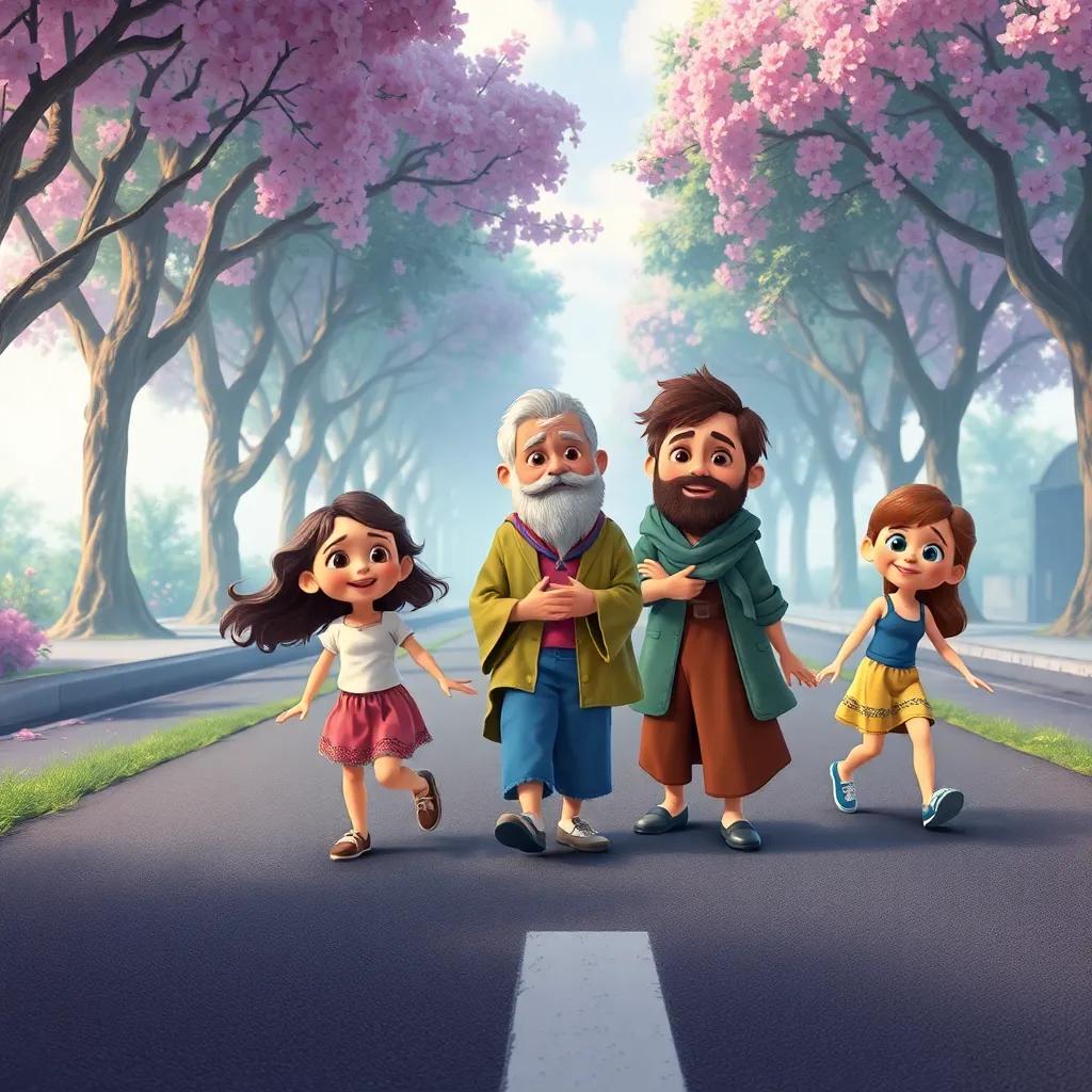 As crianças, formando uma fila, ajudando o senhor a cruzar a rua, com expressões felizes e focadas, cenário de rua com árvores floridas, arte digital, detalhada, vibrante, atmosfera amigável, alta qualidade
