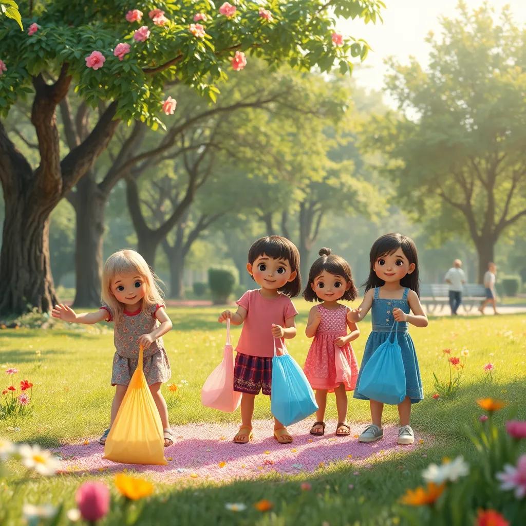 Crianças em um parque limpando lixo, cada um com uma sacolinha em mãos, mantendo um clima festivo, árvores e flores ao redor, arte digital alegre, cheia de vida e cores alegres, atmosfera colaborativa, alta qualidade