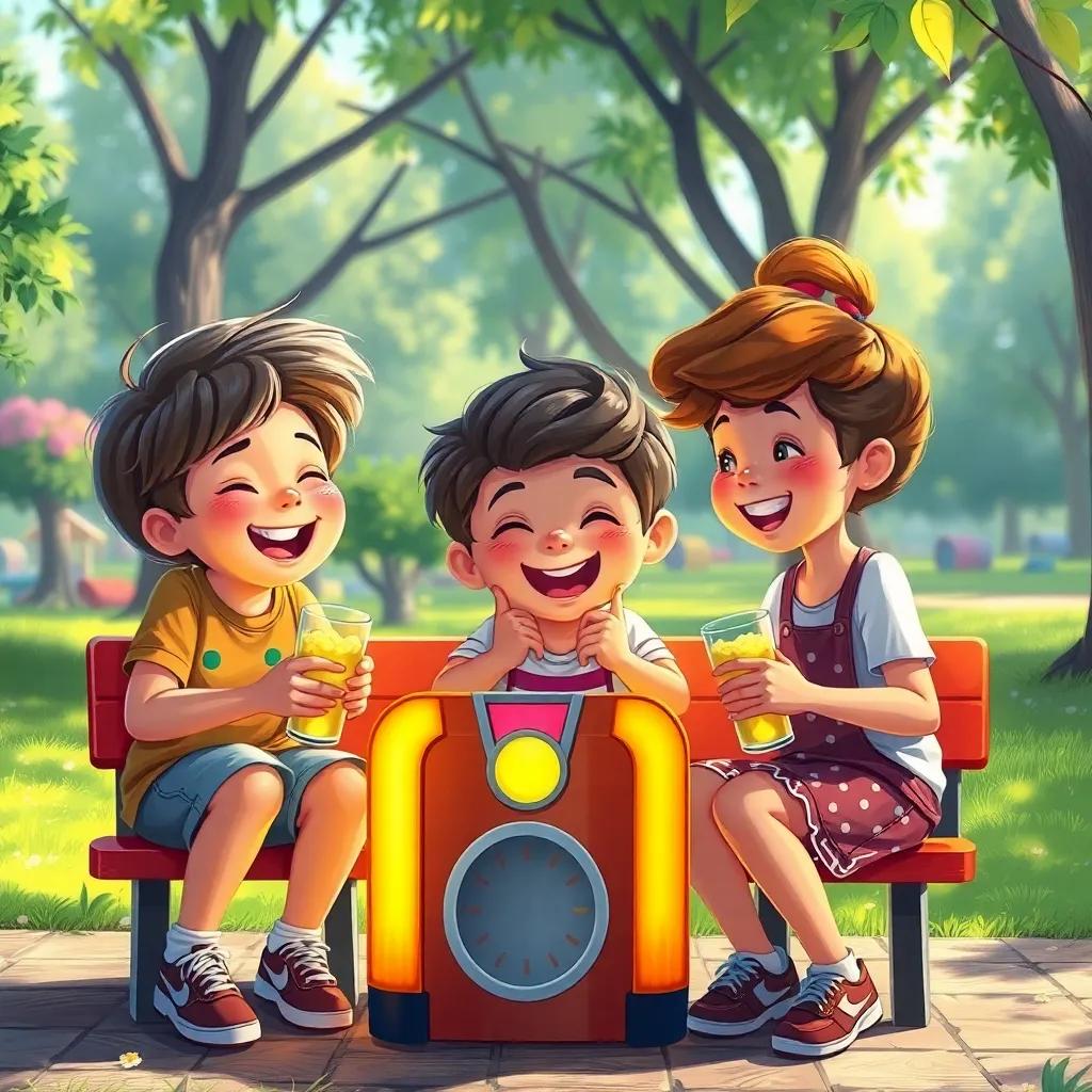 As crianças cantando e sorrindo enquanto recolhem lixo no parque, jukebox de risadas e alegria ao fundo, digital painting, cores vibrantes, imagem divertida e cooperativa, qualidade elevada
