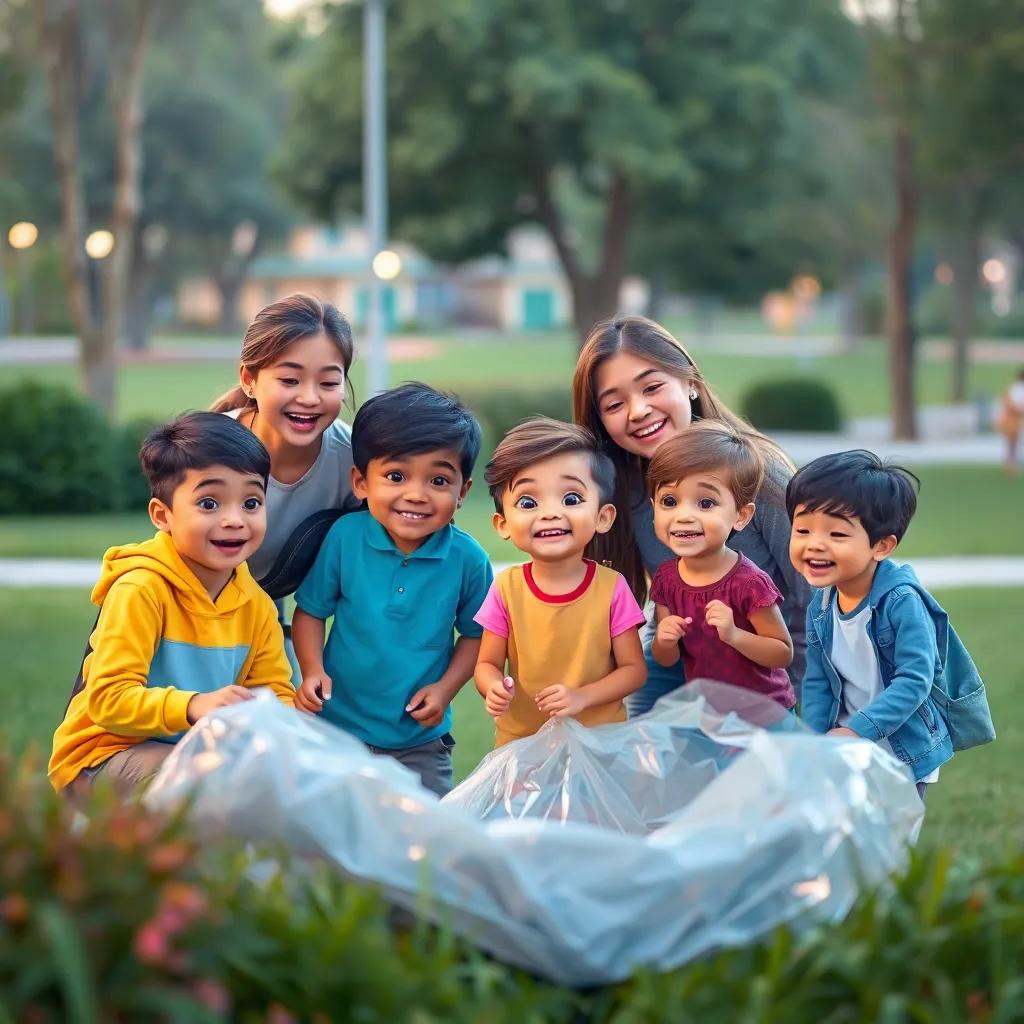 Mais pessoas se juntando às crianças na limpeza do parque, todos sorrindo e rindo, formando uma equipe comunitária, visual colorido e acolhedor, digital art, alegre, atmosfera amigável, alta qualidade
