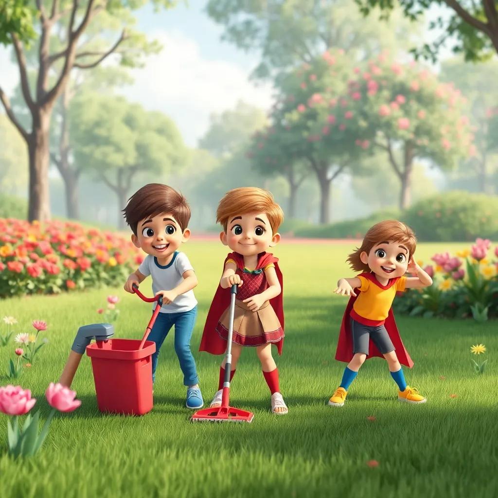 Crianças se divertindo enquanto limpam o parque, fazendo poses de super-heróis, flores coloridas ao redor, arte digital lúdica, cheia de movimento e vida, qualidade vibrante, infantil