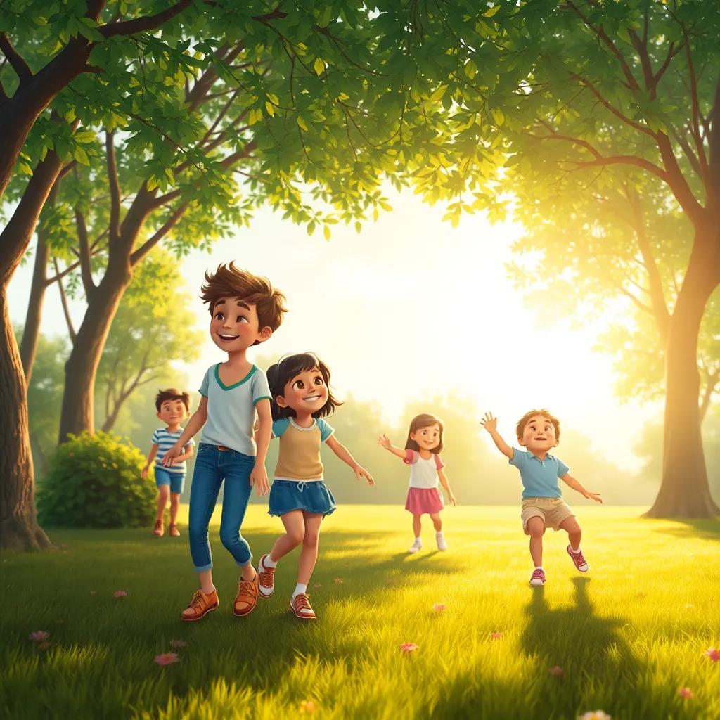 Uma bela cena de um parque limpo e alegre, cheio de crianças brincando felizes, expressões de satisfação nas suas faces, digital painting, radiante, atmosférico, alta definição