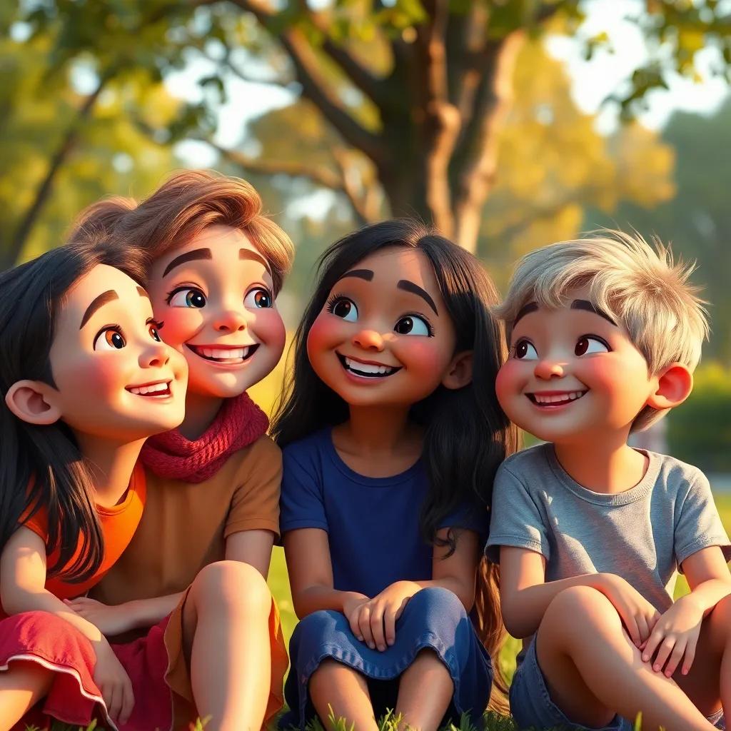 Um grupo de crianças com sorriso largo, conversando sobre serem heróis, ao pôr do sol no parque, ambiente relaxante, arte digital, calorosa, cores suaves, qualidade detalhada