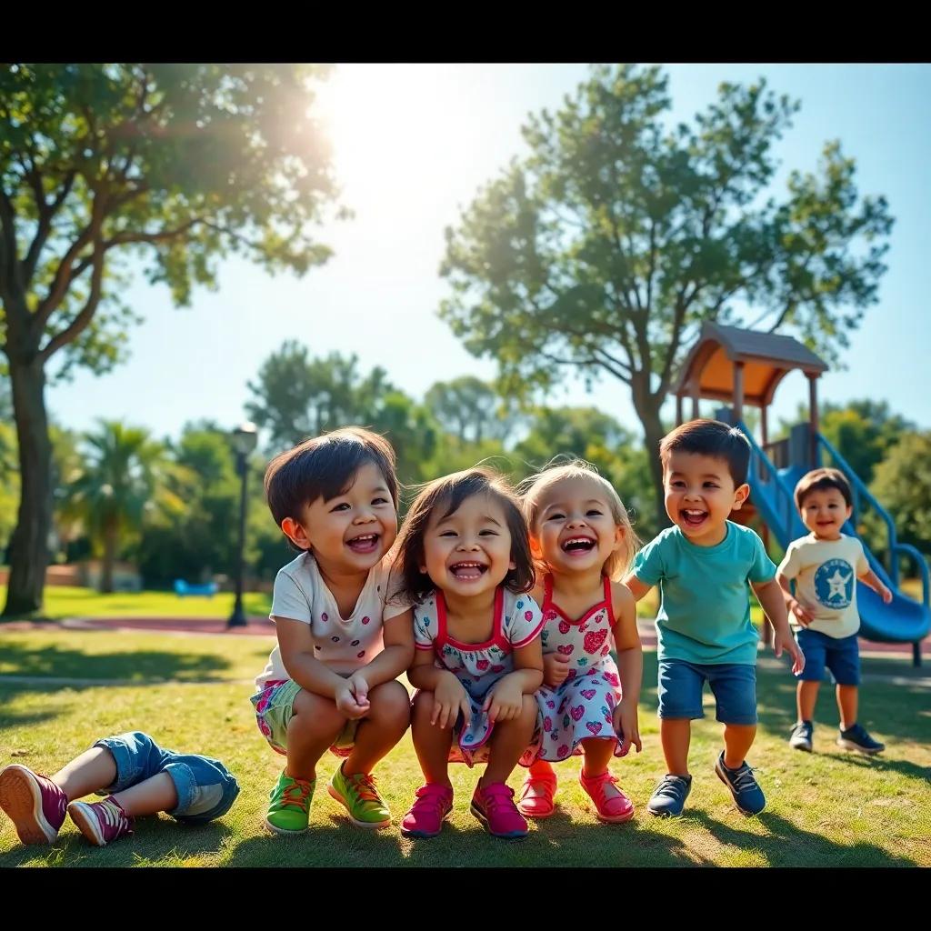Children laughing and playing in a sunny park in Viseu, Portugal, with trees and slides, enjoying the day together, cheerful atmosphere, vibrant colors, high quality