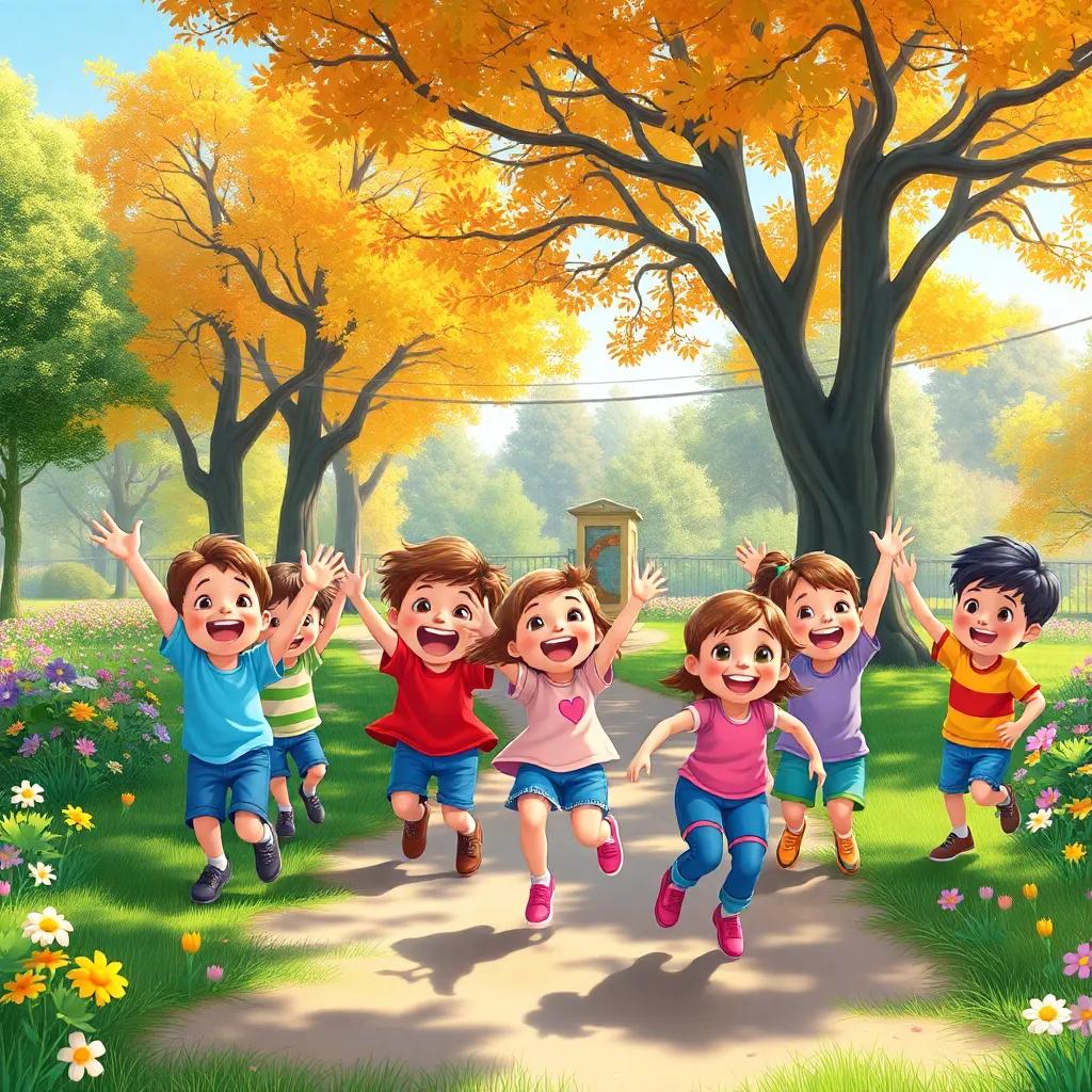 A group of children excitedly playing in a sunny park surrounded by trees and flowers, vibrant colors, cheerful atmosphere, digital art