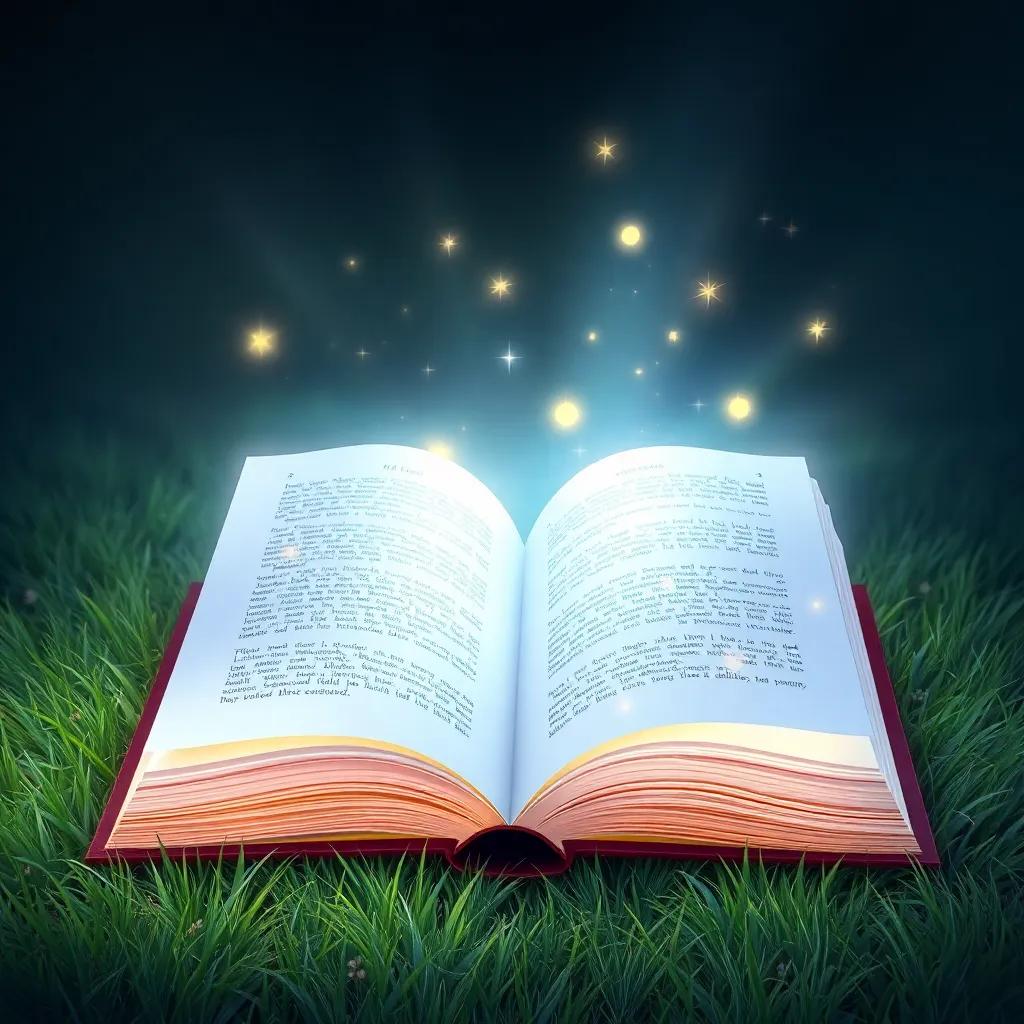 A glowing magical book lying open on a grassy ground, with sparkling lights emanating from the pages, inviting and enchanting, illustration