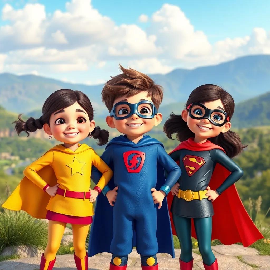 Three children, Lúcia, João, and Ana, with bright smiles, dressed in colorful superhero costumes, standing in front of a beautiful landscape, heroic pose, joyful scene