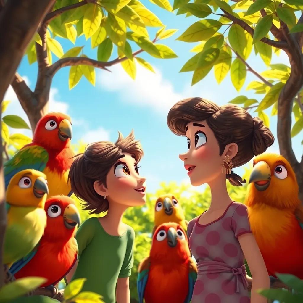 Lúcia talking to a colorful group of birds in the trees, with curious eyes from the birds, bright green leaves, and blue sky, lively and vibrant