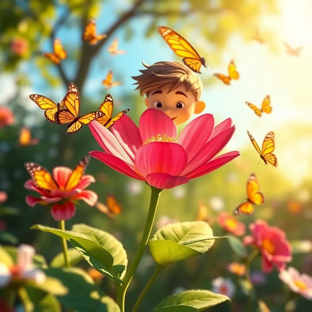 João using his powers to make a flower bloom in fast motion surrounded by butterflies, bright colors, cheerful sunlight, magical atmosphere