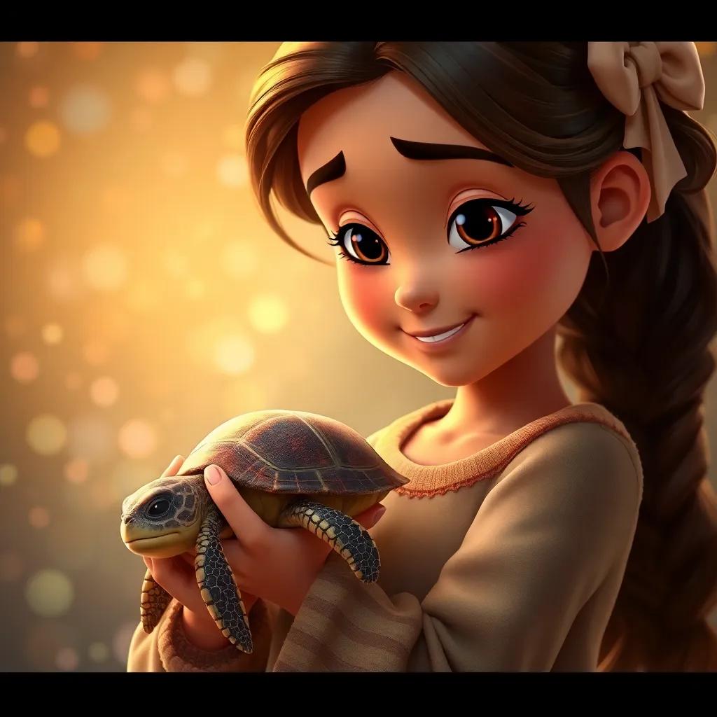 Ana gently holding a wounded turtle, with a sparkly background, kindness and care reflected on her face, warm and inviting colors
