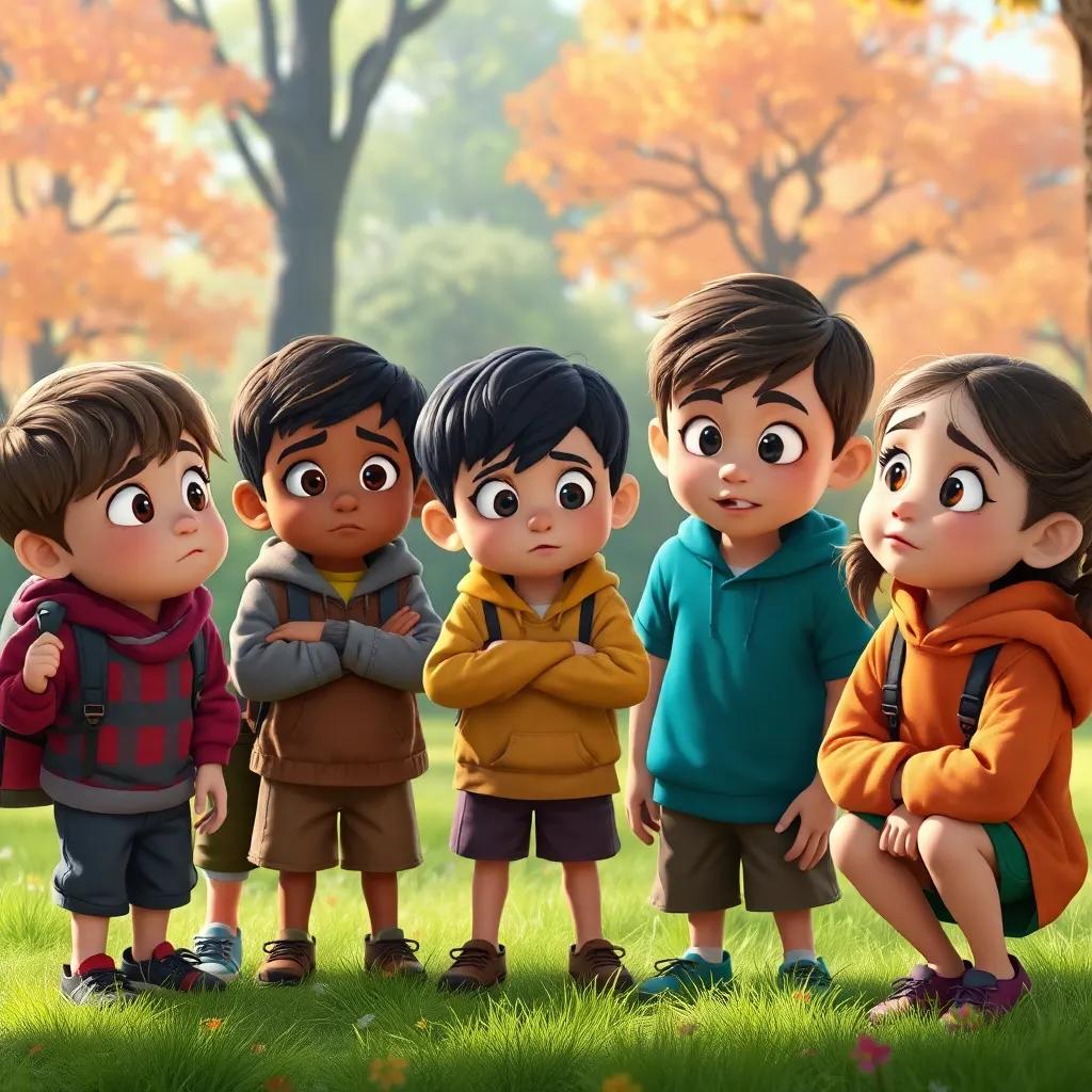 Children gathering together with serious expressions, planning how to confront the tree cutters, focused and determined expressions, vibrant park background
