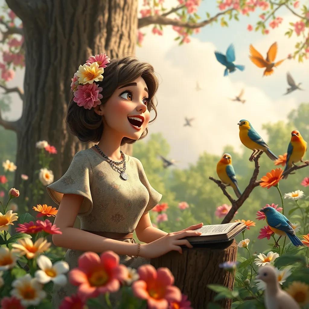 Lúcia speaking passionately to the tree cutters while surrounded by flowers and birds, conveying messages of love for nature, inspiring scene