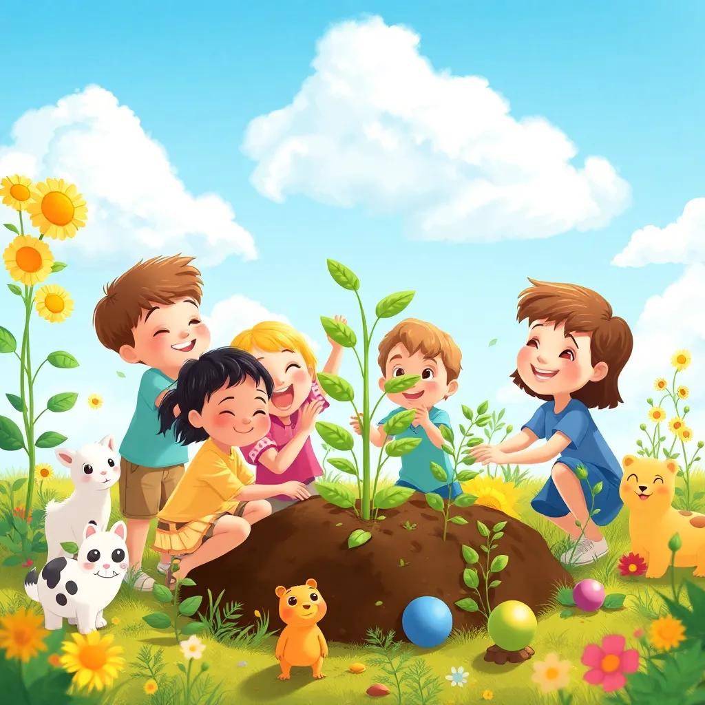 A joyful scene of children planting trees together under a blue sky, surrounded by happy animals and plants, full of life and energy, illustration