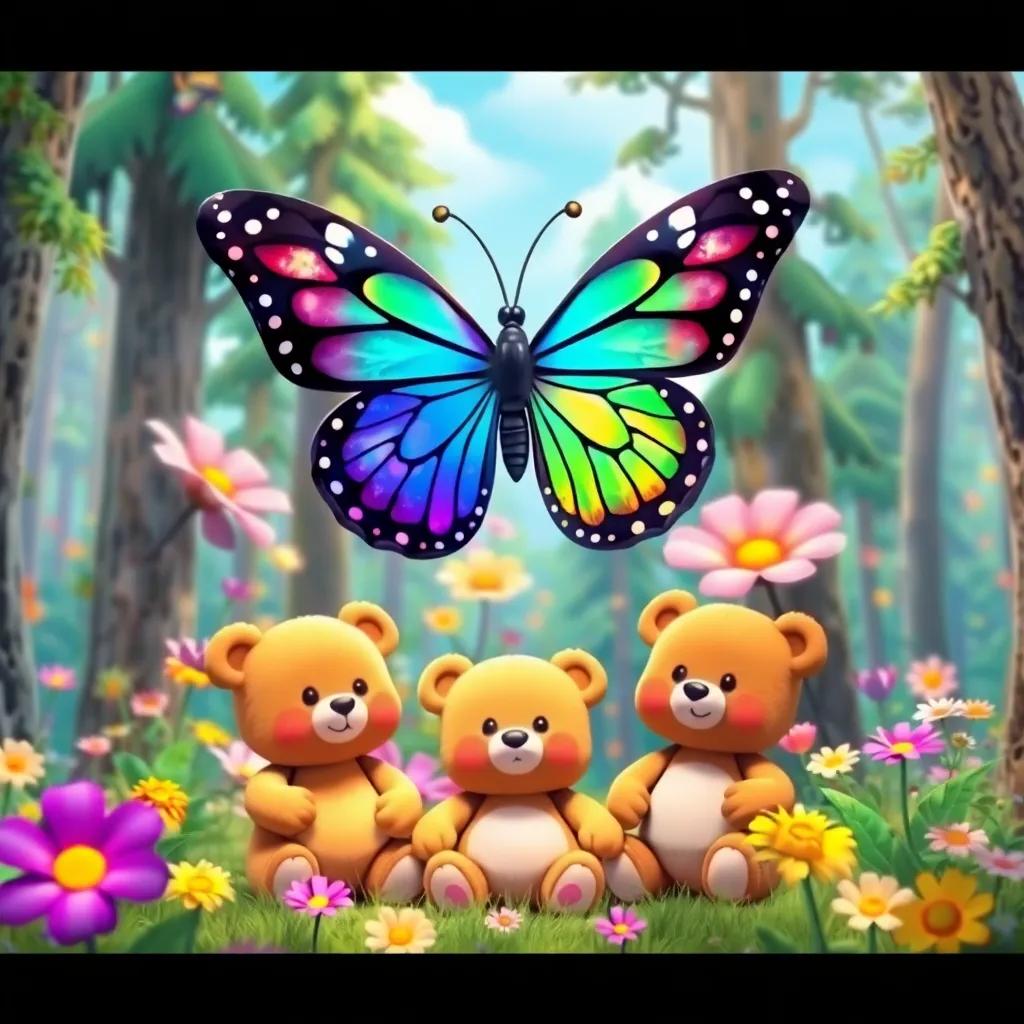 A colorful butterfly, with shimmering wings, hovering above three cute teddy bears in a vibrant enchanted forest, filled with oversized flowers and tall trees, bright colors, cheerful atmosphere, whimsical style