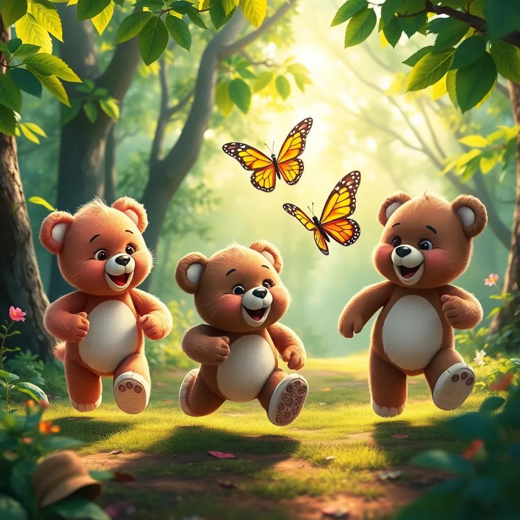 Three cute teddy bears happily running after a colorful butterfly in a magical forest, sunlight filtering through the leaves, vivid colors, playful scene, enchanting view