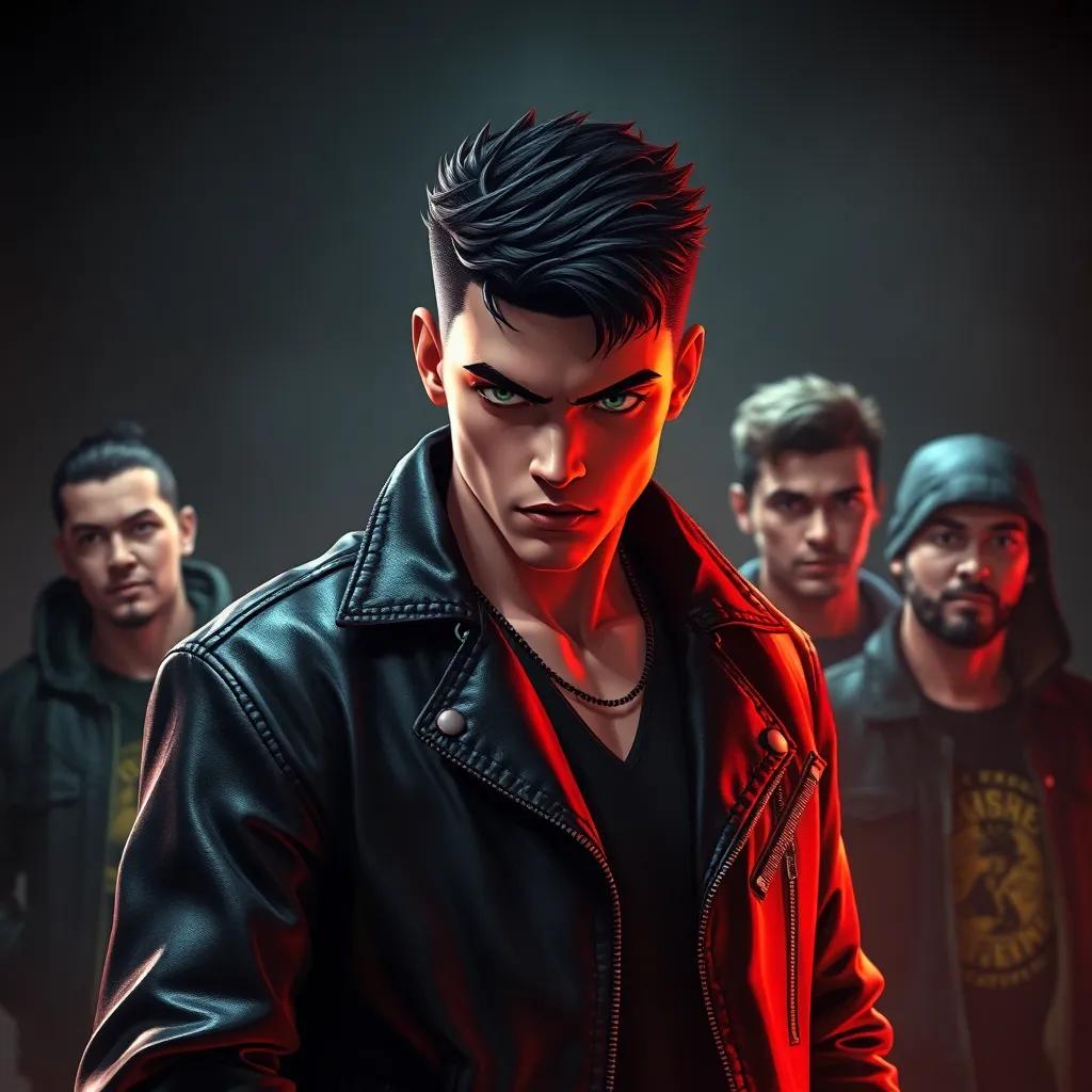 Simeon, a strong young man with short black hair wearing a black leather jacket, standing fiercely in a dark room with other gang members, intense expressions, digital art, dramatic lighting, shadows, high quality