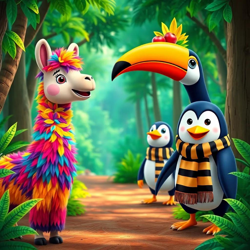 A colorful alpaca with colorful wool, a cheerful toucan with tropical fruits, and a happy penguin with a striped scarf entering a green forest, warmly welcoming atmosphere, vibrant colors, charming and whimsical, high quality