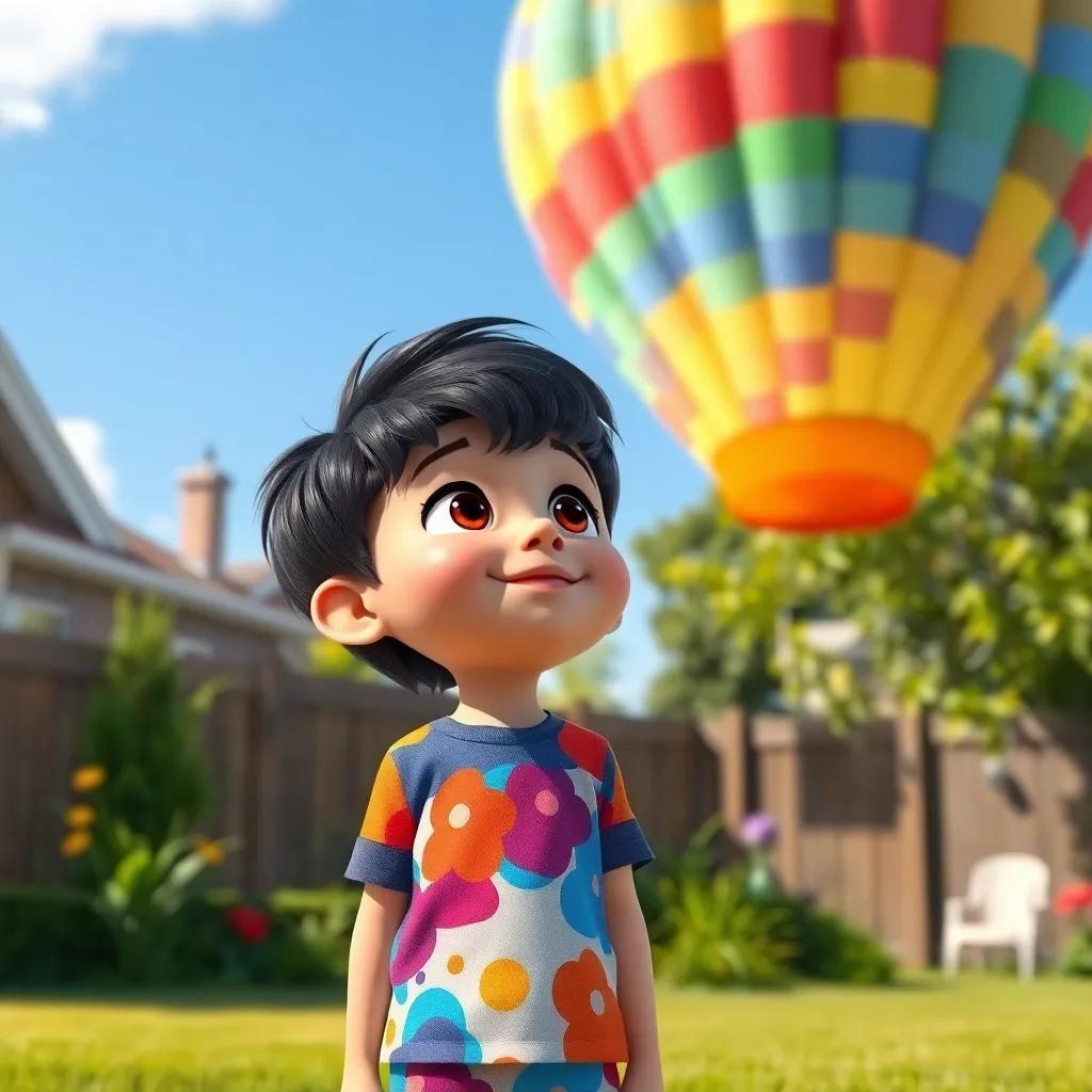 A young boy, Pablo, with dark hair, wearing a colorful t-shirt and shorts, looking up at a bright and colorful hot air balloon in his backyard, sunny day, cheerful atmosphere, digital art, vibrant colors, child-friendly, high quality