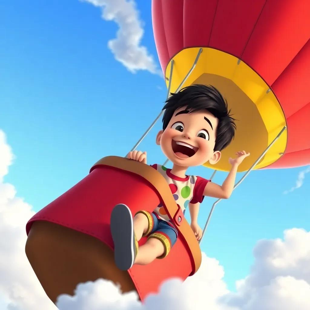 Pablo, a young boy with dark hair in a colorful t-shirt and shorts, excitedly climbing into a large red and yellow hot air balloon, smiling widely, surrounded by clouds and blue sky, whimsical, joyful adventure, illustration, colorful