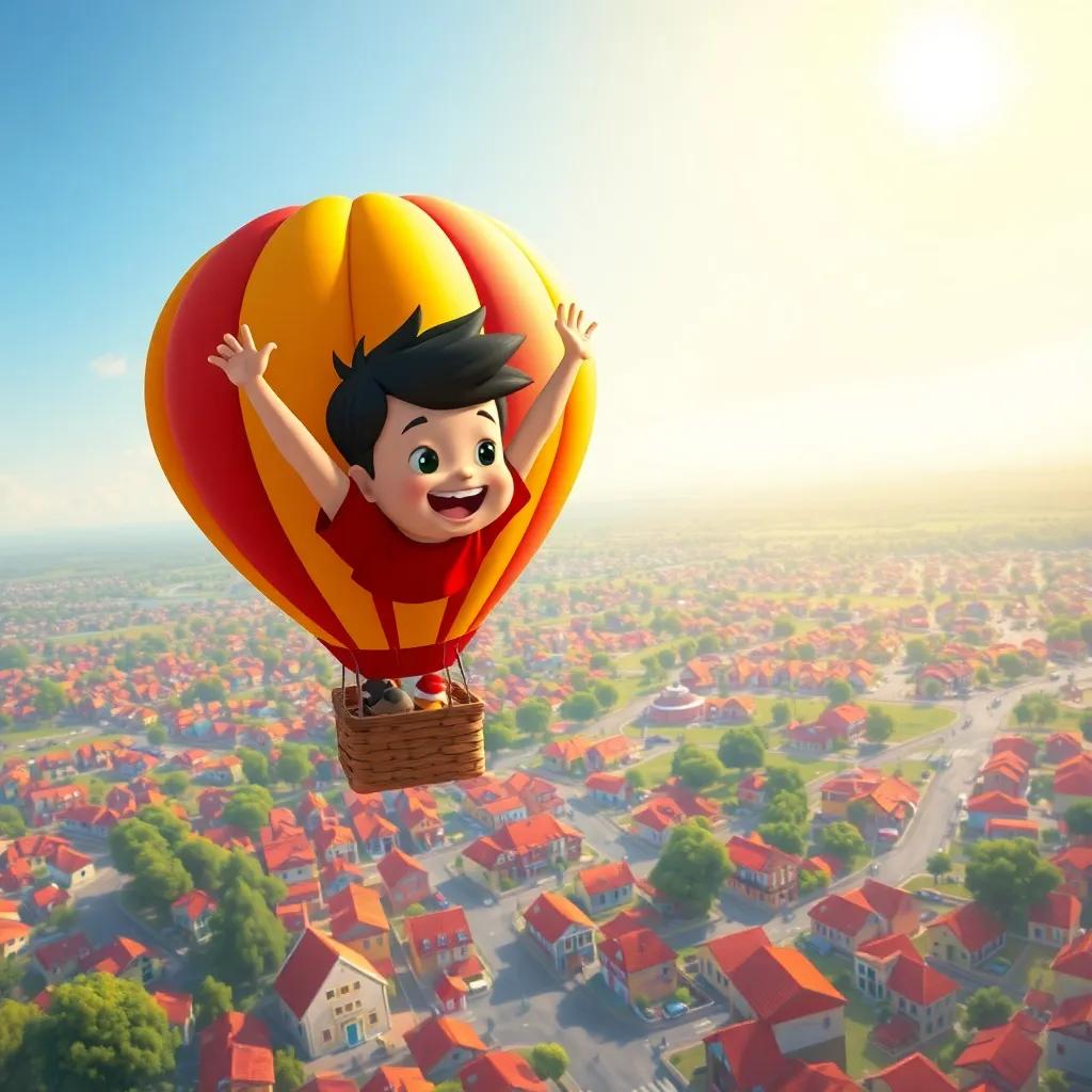 Pablo flying in a red and yellow hot air balloon high above his town, looking down at his small neighborhood, bright sun shining, feeling free and happy, digital painting, aerial view, cheerful colors, uplifting