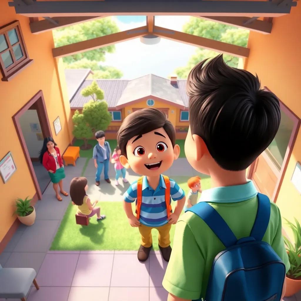 Pablo seeing his school from above, with teachers and friends playing outside, colorful scene showing excitement and joy, digital art, bright colors, inviting atmosphere