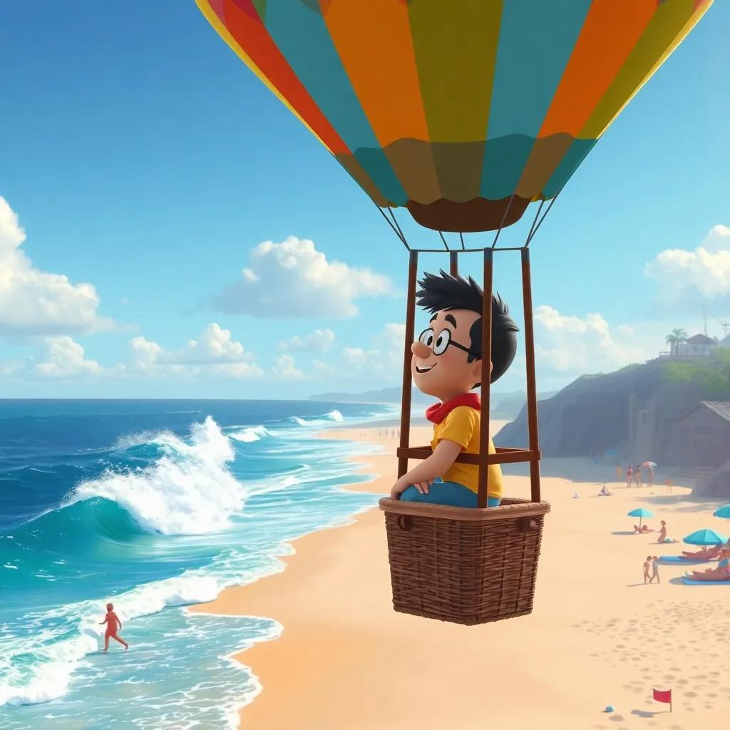 Pablo watching the ocean waves crash on the sandy beach as he floats in his hot air balloon, the beach is sunny and vibrant with people playing, illustration, cheerful, seaside scene, high quality