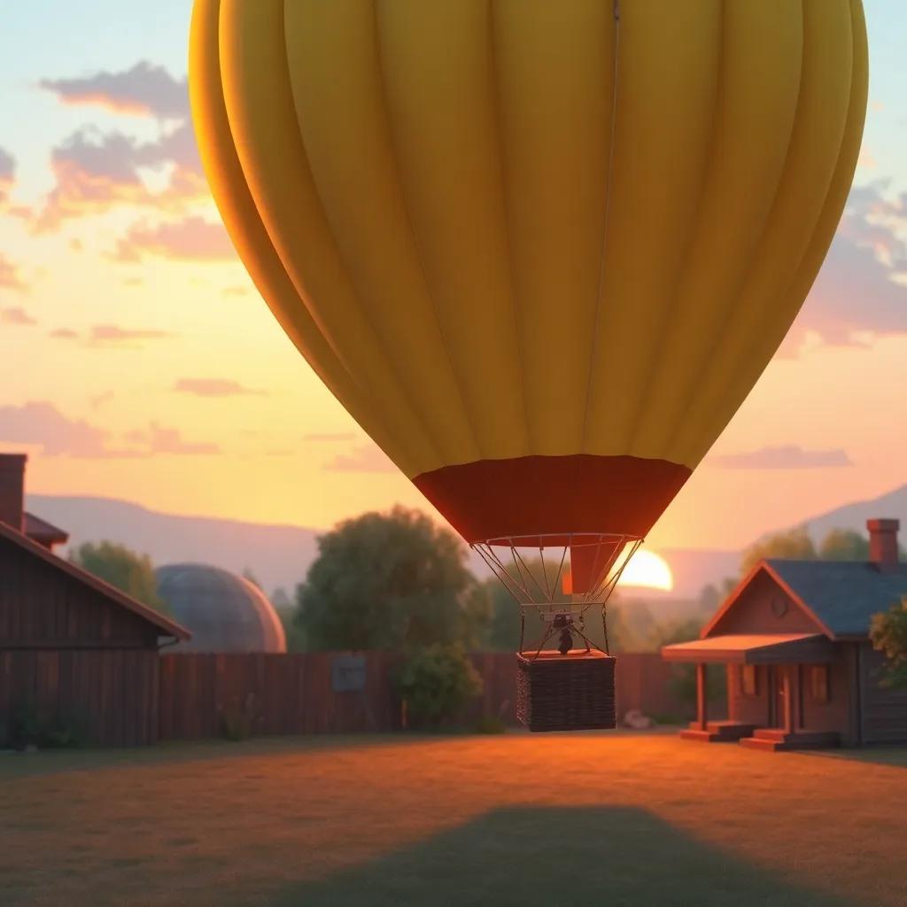 The hot air balloon gently descending back to Pablo's yard, the sun setting in the background, creating a warm and inviting atmosphere, soft colors, satisfying scene, digital art, heartwarming