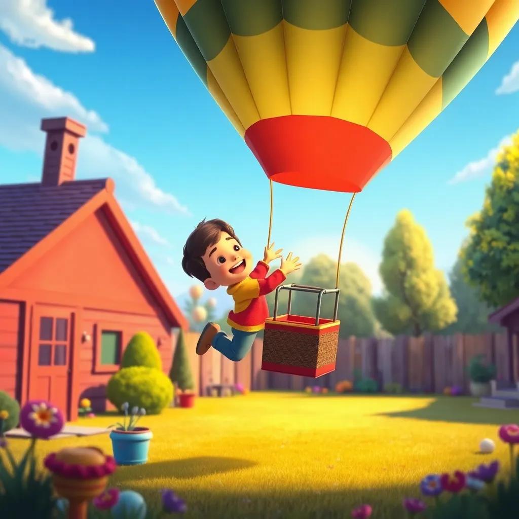 Pablo joyfully jumping out of the hot air balloon in his yard, hugging it with happiness, the scene is filled with joy and colorful surroundings, illustration, vibrant colors, child-friendly