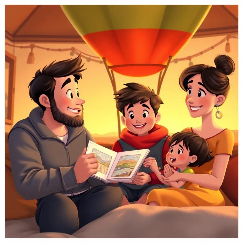 Pablo sharing his adventure with his family, showing them drawings of his views from the balloon, homey atmosphere, digital art, warm colors, cheerful