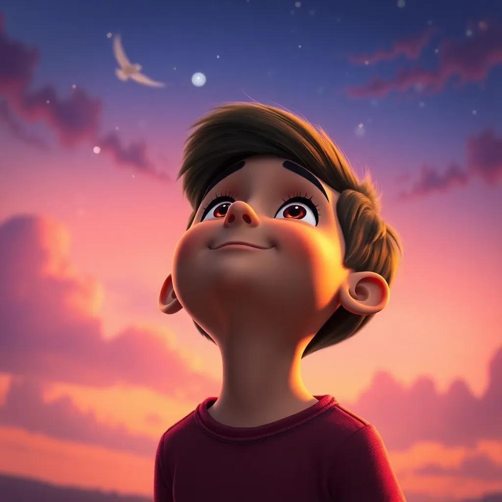 Pablo looking up at the sky with wonder, dreaming of flying again, with a hopeful expression on his face, at twilight, vibrant colors, digital art, warm and inspiring