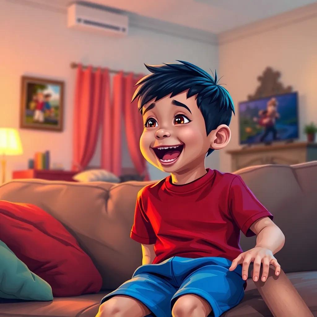 A young boy, Pablo, with short black hair, wearing a red t-shirt and blue shorts, excitedly sitting on a couch watching a movie, bright living room, digital art, vibrant colors, warm atmosphere, cheerful expression, high quality
