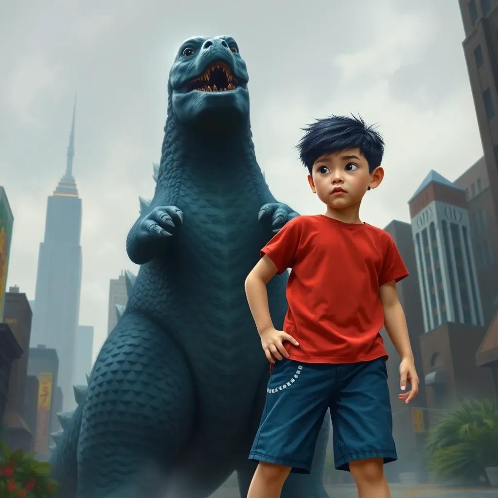 Pablo, a young boy with short black hair, in a red t-shirt and blue shorts, standing bravely in a city with tall buildings and a grey sky, Godzilla looking worried beside him, fantasy scene, colorful, dynamic perspective, strong contrast, adventure-themed, high quality