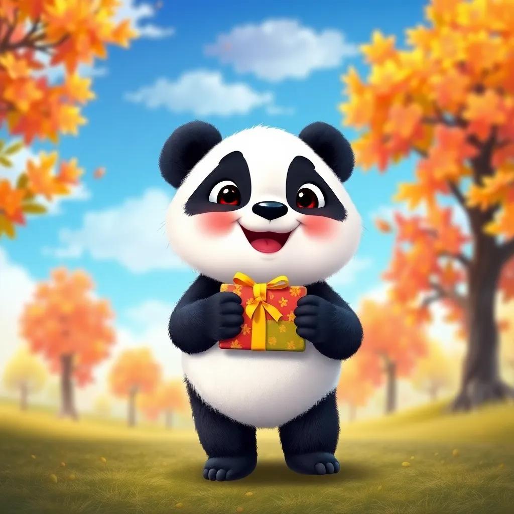 A cute panda with soft black and white fur, holding a colorful present and smiling, walking to a colorful tree with a vibrant sky overhead, cheerful, digital art, bright colors, inviting atmosphere, high quality