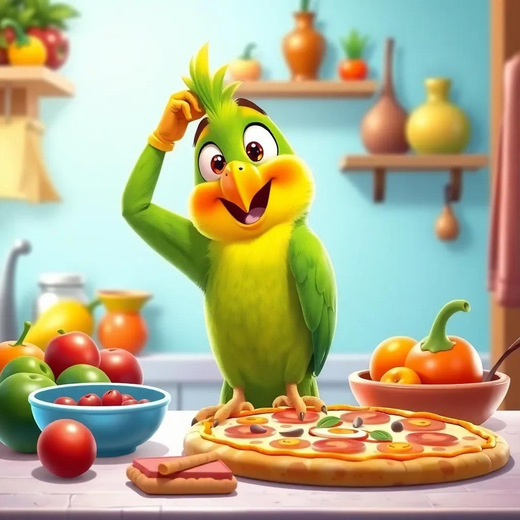 A cheerful parrot with bright green feathers, scratching his head, surrounded by kitchen items like fruits and pizza ingredients, looking surprised, illustration, playful, child-friendly, bright colors, engaging scene with a sense of curiosity