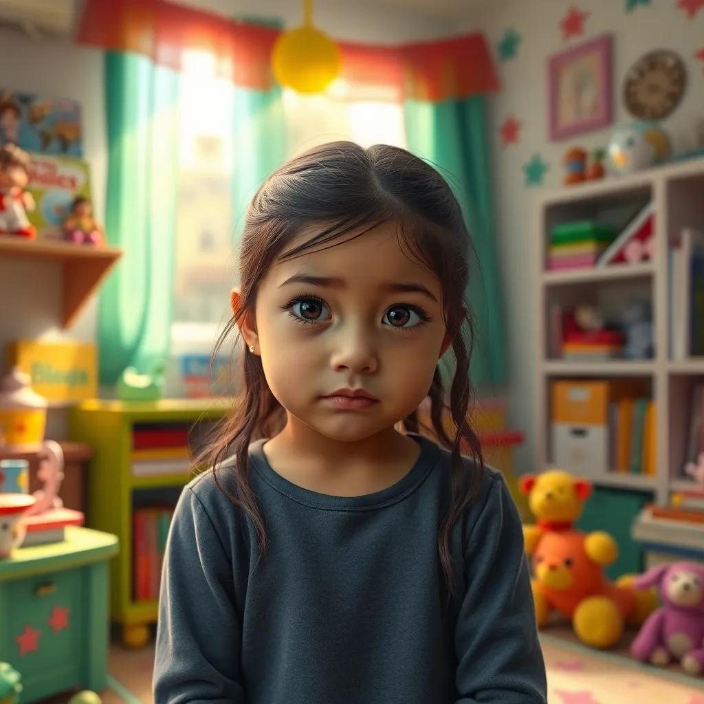 A young Hispanic girl, Patricia, looking sad in her colorful room filled with toys and books, soft sunlight streaming through the window, cozy atmosphere, digital art, bright colors, cheerful yet pensive mood, high quality