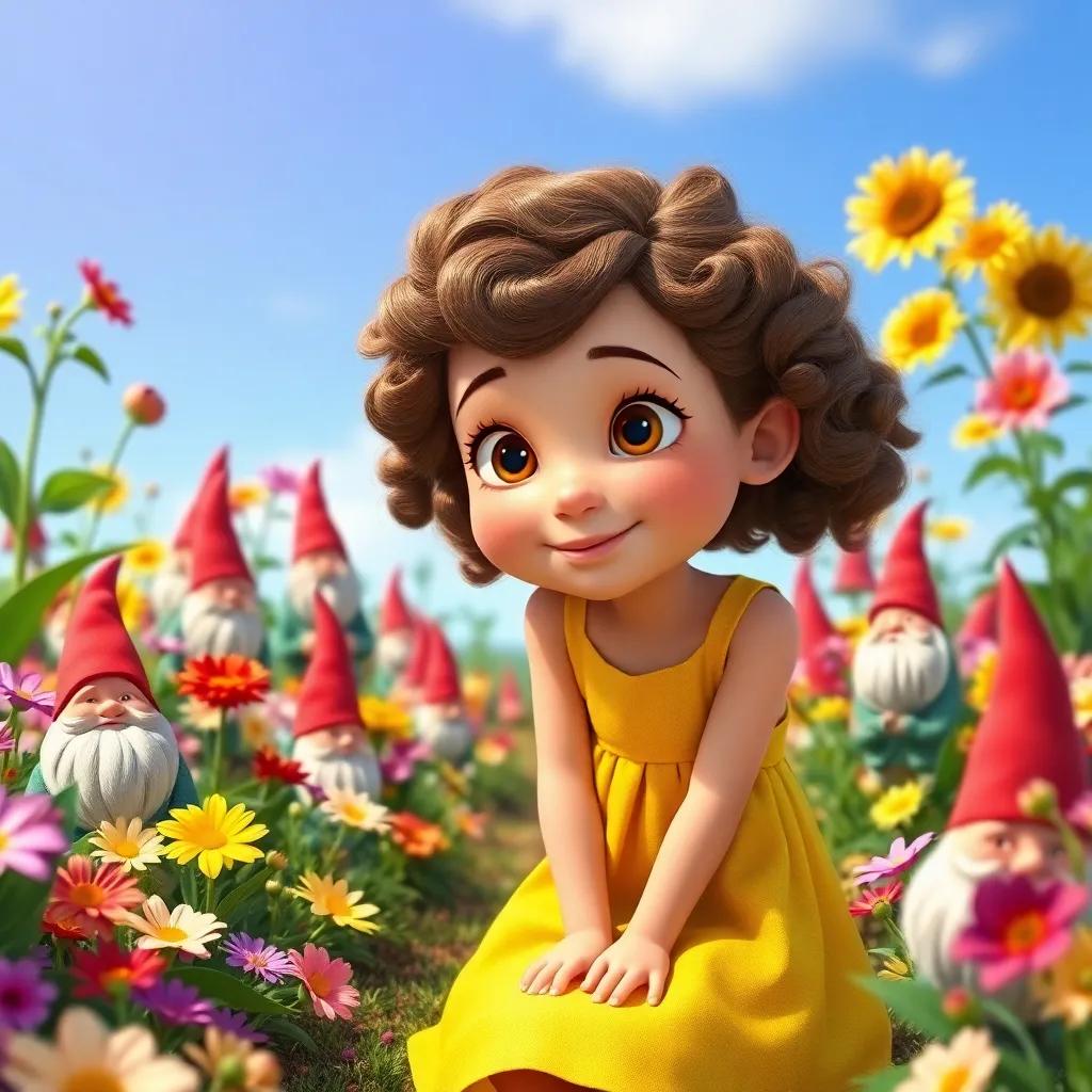 A curious girl, Patty, with curly brown hair wearing a bright yellow dress, kneeling in a colorful flower garden with funny garden gnomes, digital art, vibrant flowers, clear blue sky, warm and inviting atmosphere, high quality
