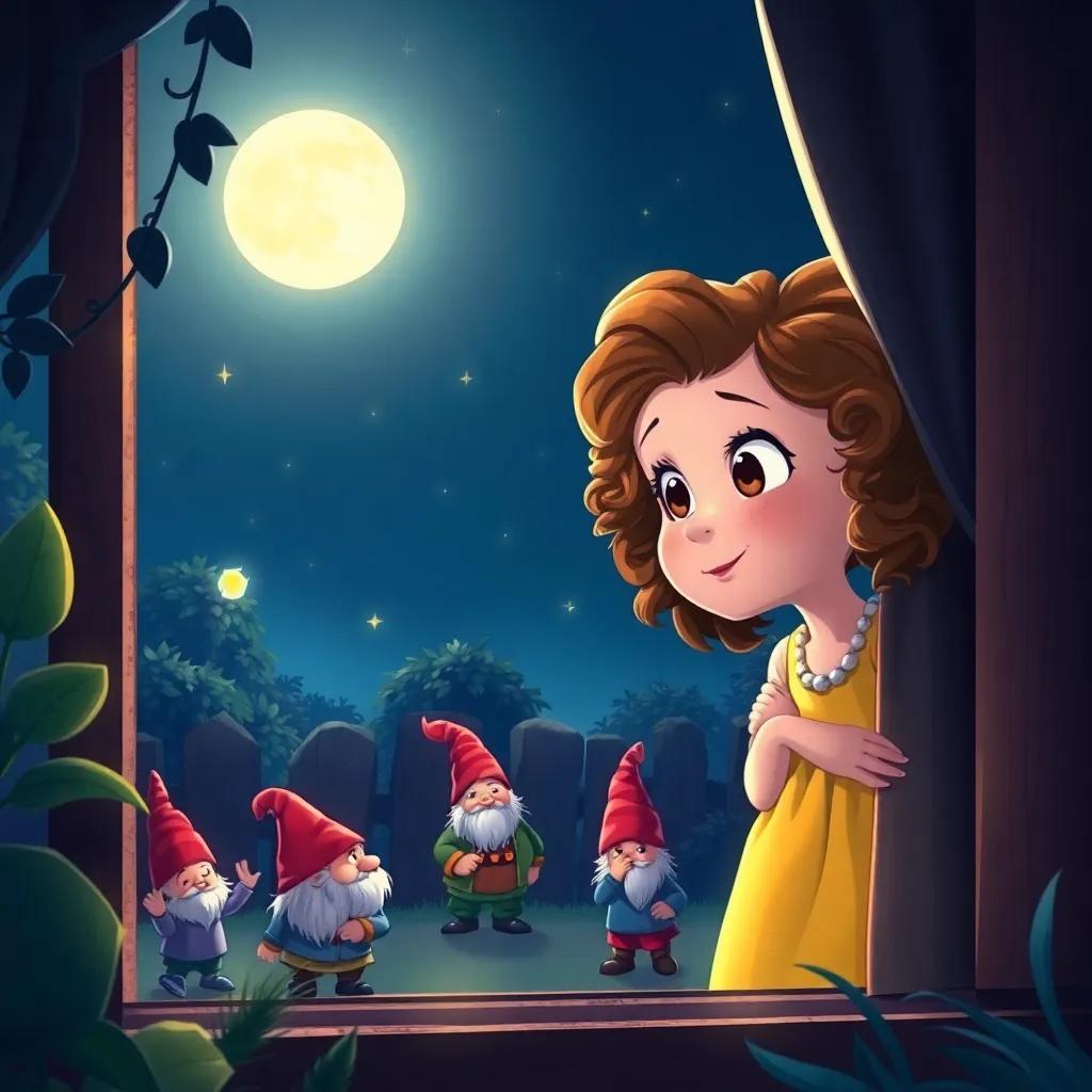 Patty, a curious girl with curly brown hair and a yellow dress, peeking from her window at night, watching dancing garden gnomes under the moonlight, sparkling stars, soft glow, whimsical scene, magical atmosphere, high quality