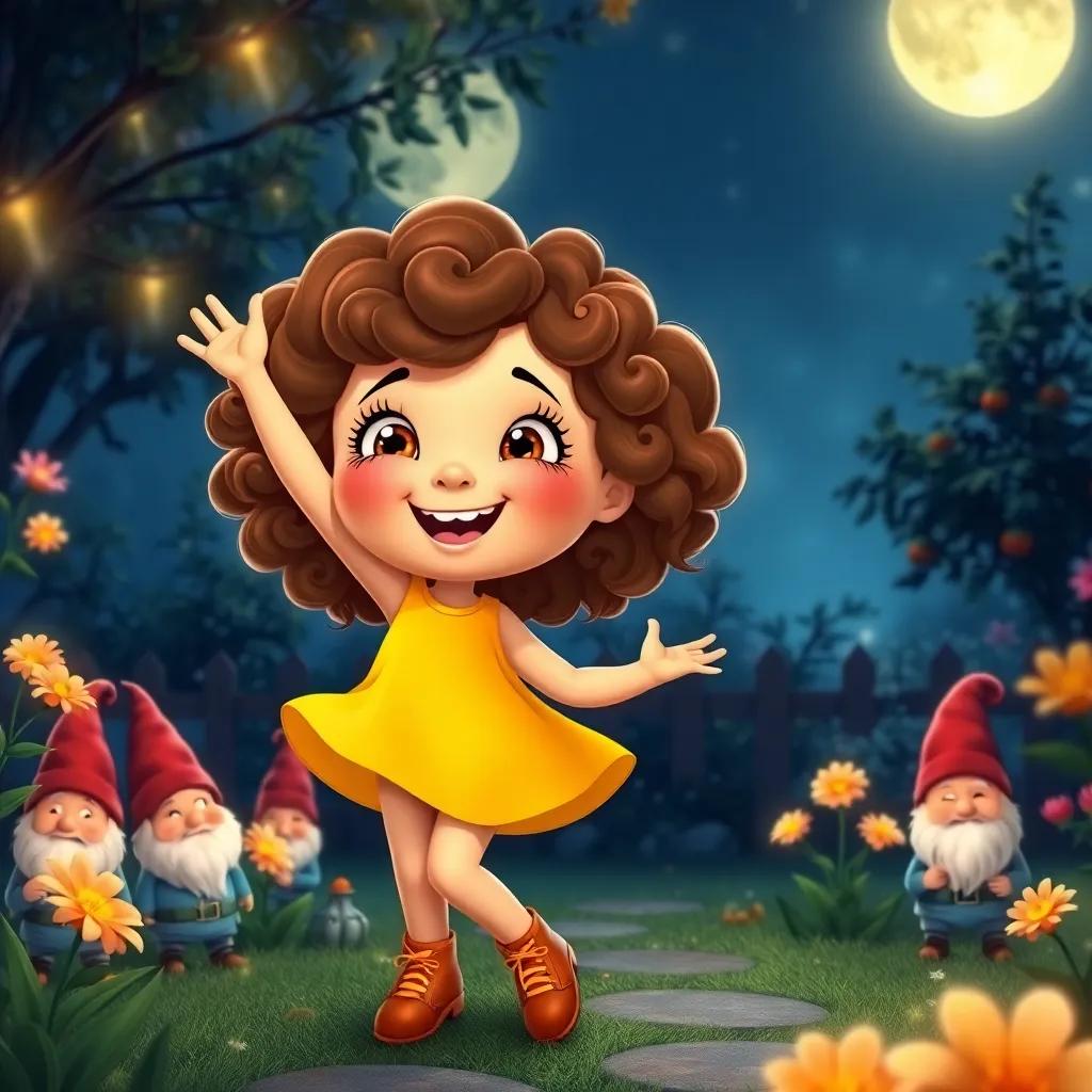 Patty, a curious girl with curly brown hair in a yellow dress, joyfully dancing in her garden at night with garden gnomes, bright moon, glittering flowers, cheerful expression, lively and bright colors, high quality